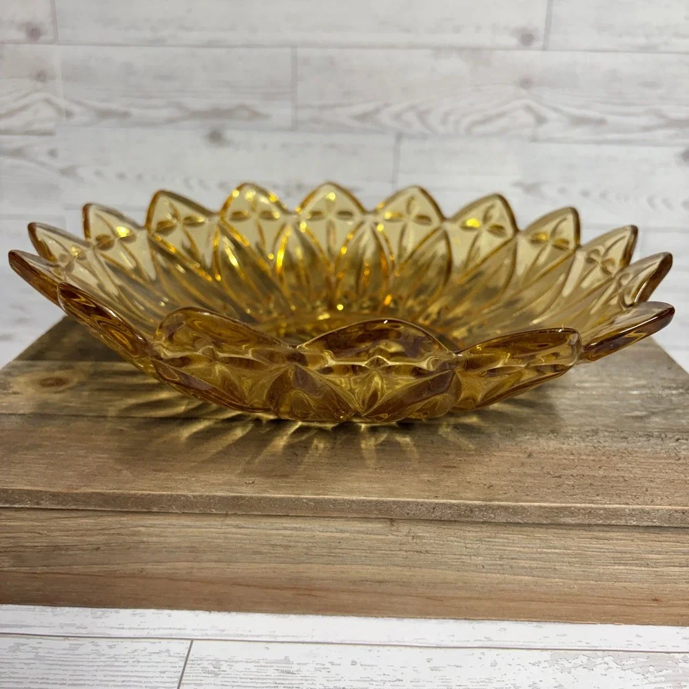 Vintage Federal Glass Amber Petal Sunflower Bowl Mid Century Pressed Glass 10.5